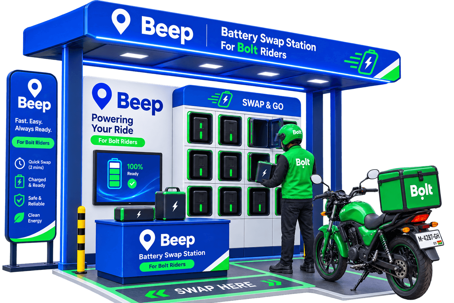 BEEP battery swap station with a rider exchanging a pack