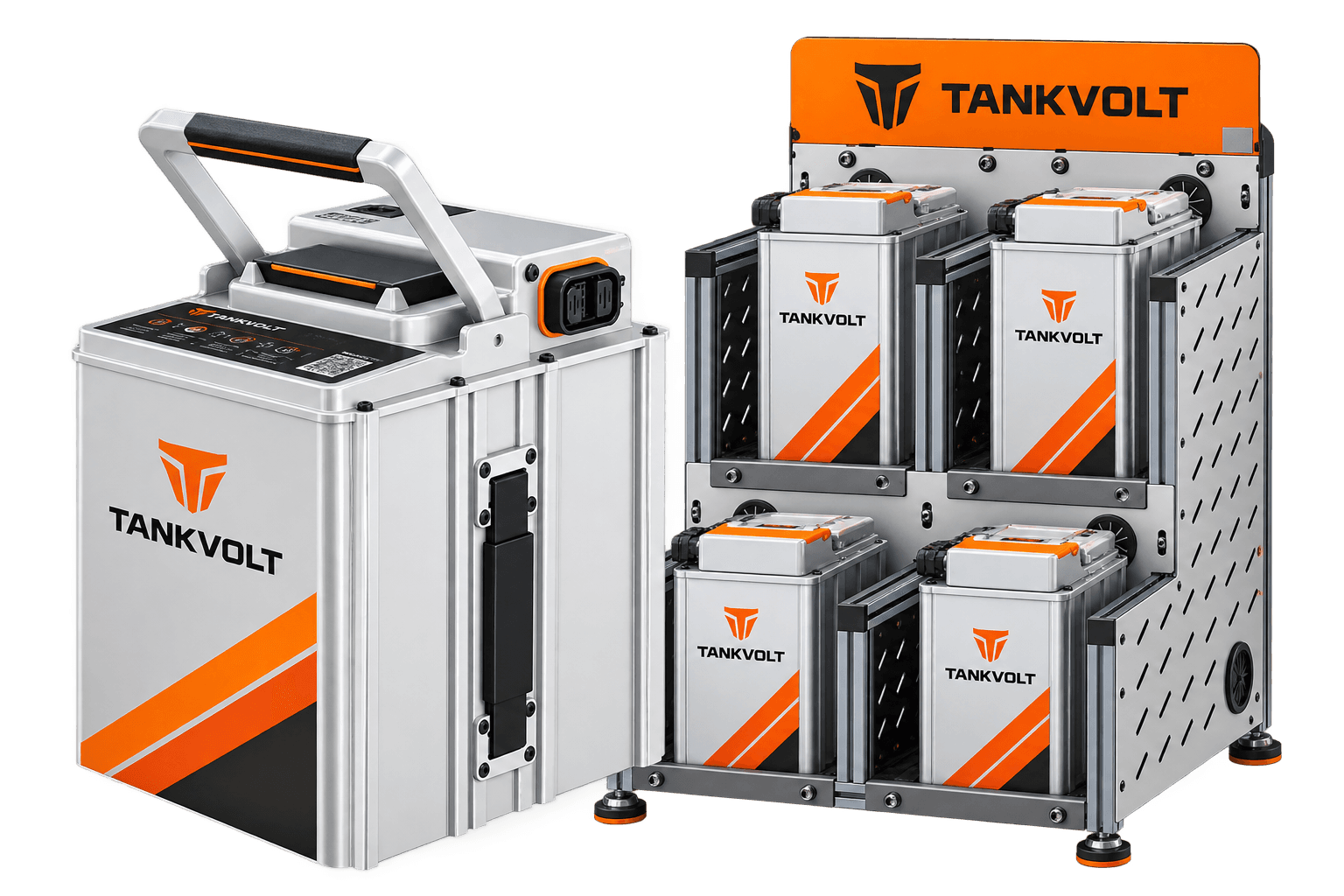 TankVolt swappable battery pack beside a four-bay swap cabinet