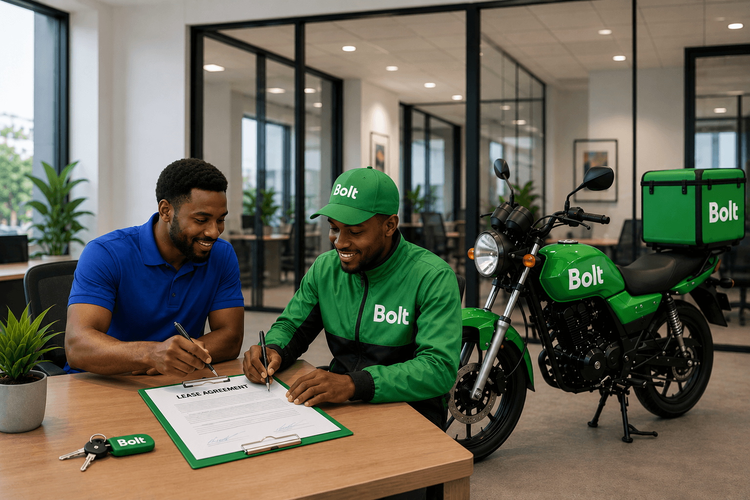 A rider signing a lease agreement for a BEEP-financed motorcycle
