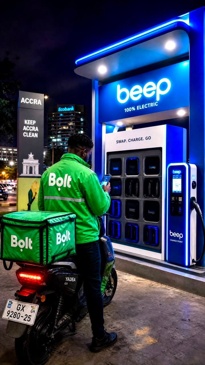 A Bolt rider at a BEEP swap and charge station in Accra at night
