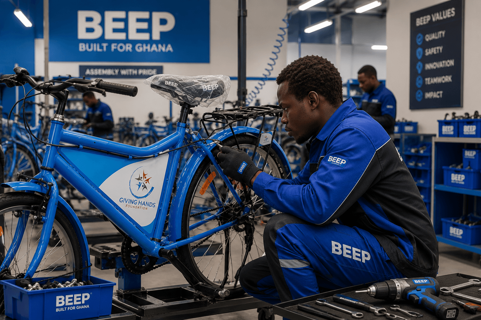 A BEEP technician fitting the rear wheel of a bicycle on the Ghana assembly floor