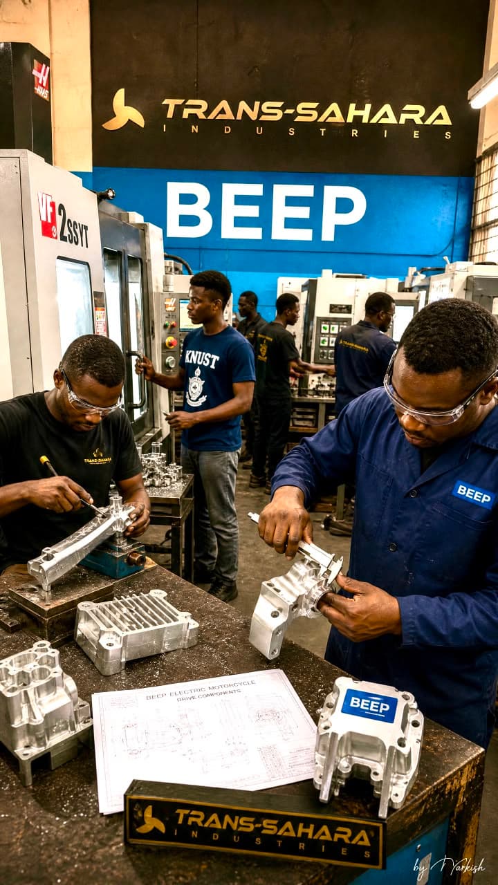 Technicians machining BEEP drive components on the Trans-Sahara Industries shop floor