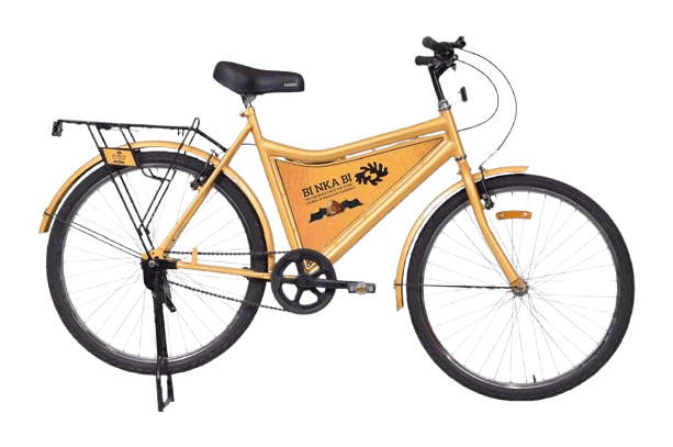 BEEP roadster bicycle in gold Bi Nka Bi livery, side profile with front and rear racks