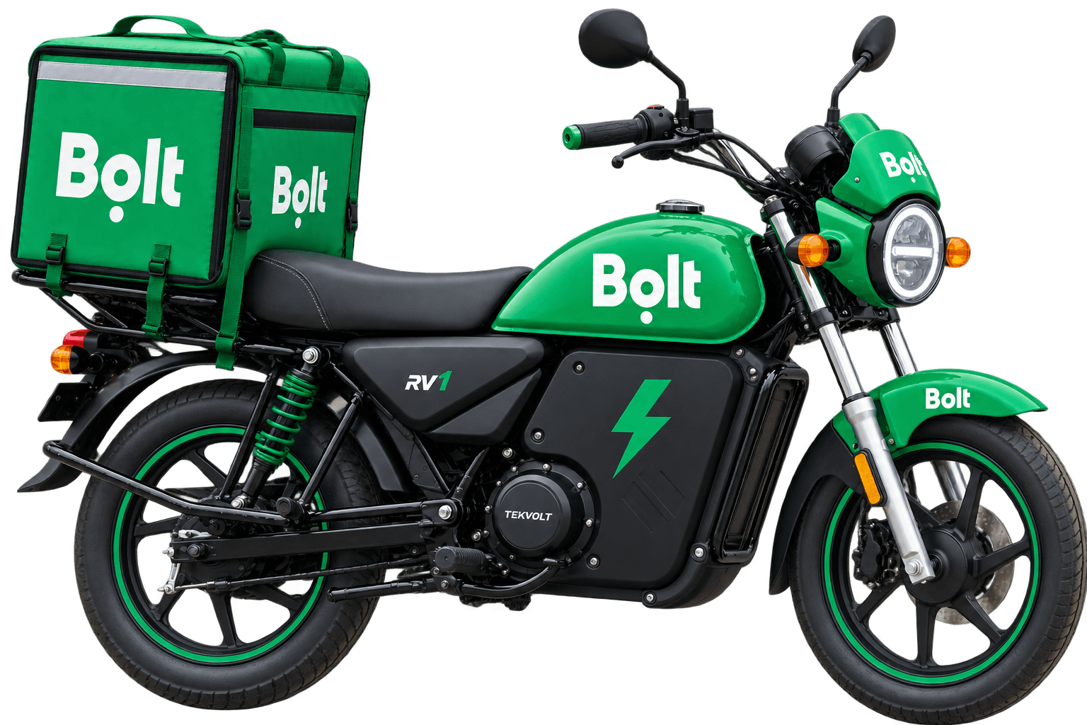 BEEP electric delivery motorcycle in Bolt livery, side profile