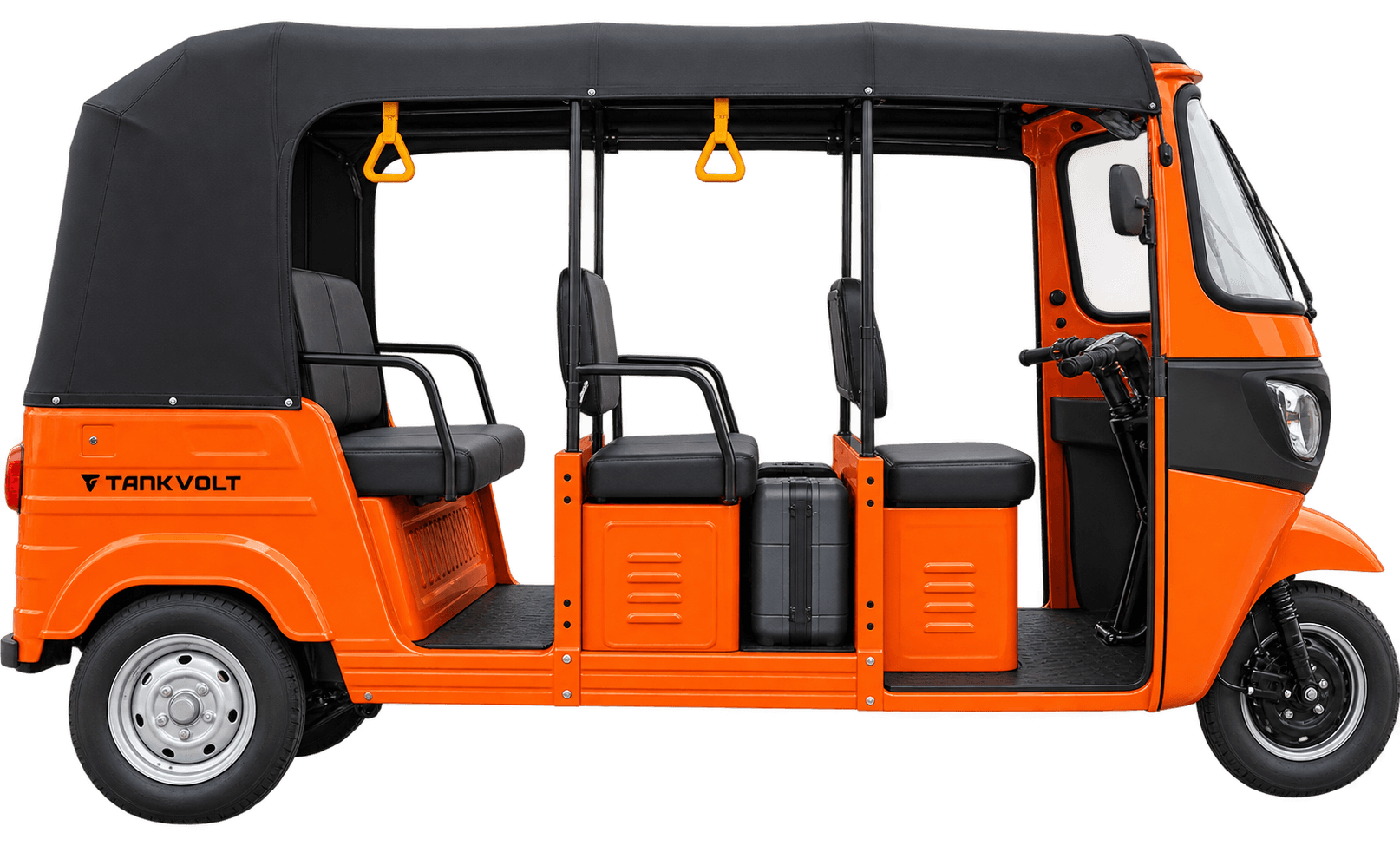 BEEP T33 electric passenger three-wheeler in orange livery with a canopy and bench seating