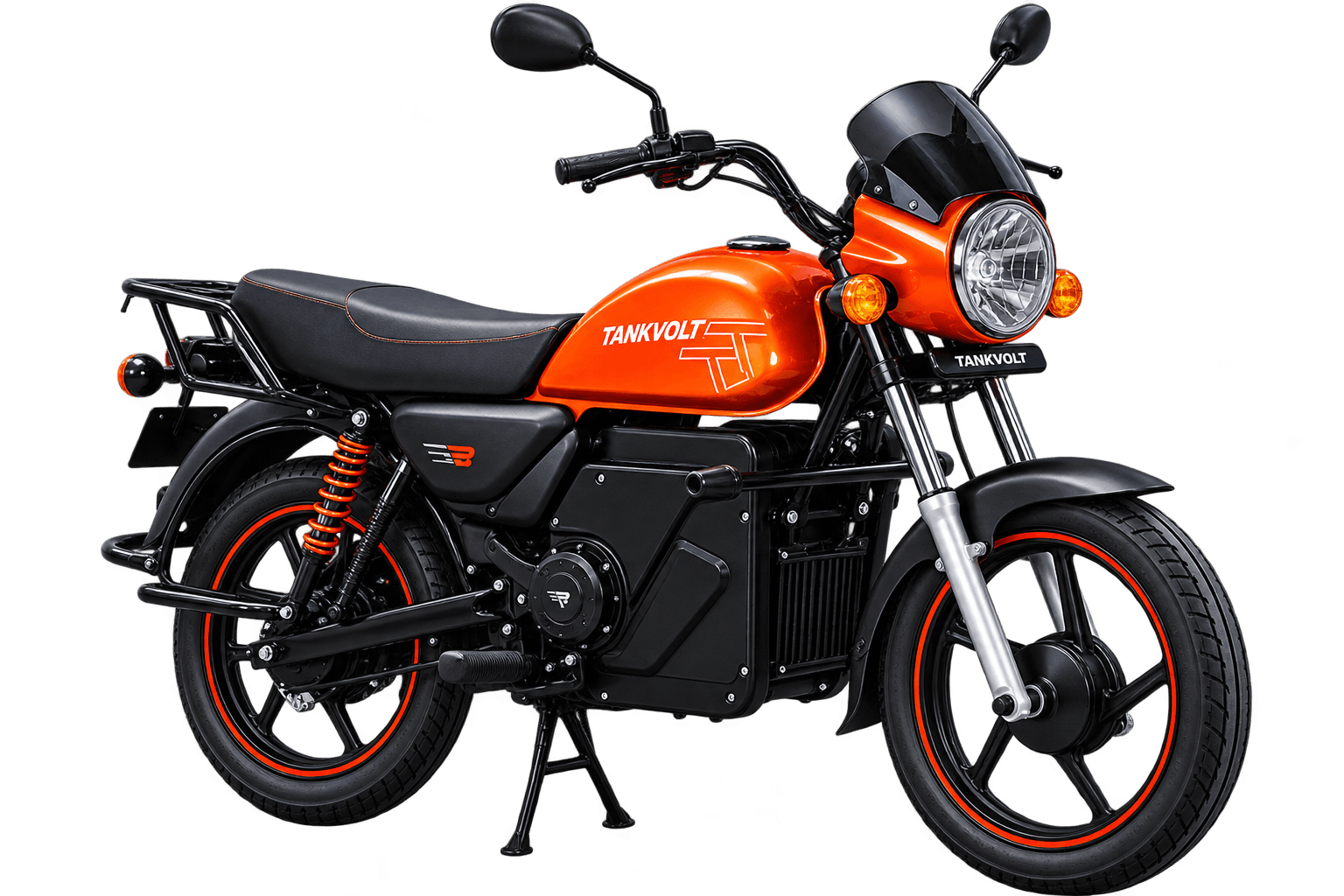 Tank Volt electric motorcycle in orange livery, front three-quarter view